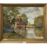 R Plant: Impressionistic landscape with house and river, oil on canvas, signed, 39 x 49 cm, framed