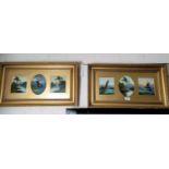 19th Century: 2 sets of 3 oils on card, landscapes and seascapes, each with central oval picture, 18