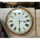 A 19th century wall clock in mahogany circular case, with white enamel dial and single train fusee