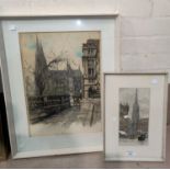 A colour etching on silk, town scene with omnibuses, signed and another larger etching