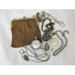 An open faced keyless "Silverstar" pocket watch; a gilt metal evening purse; costume jewellery