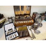 A 1930's part canteen of cutlery in oak box; silver plate