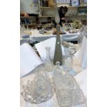 A cut glass table lamp; 2 decanters; glassware
