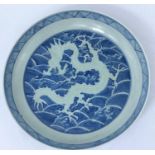 A Chinese blue and white dish decorated with dragon on central panel diameter 27cm