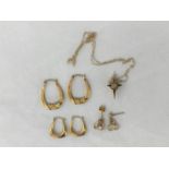 A 9ct gold pendant in the shape of a star on 9ct chain both stamped 9kt and three various pairs of