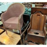A Victorian child's rocking chair; a Lloyd Loom chair in pink and a matching linen basket