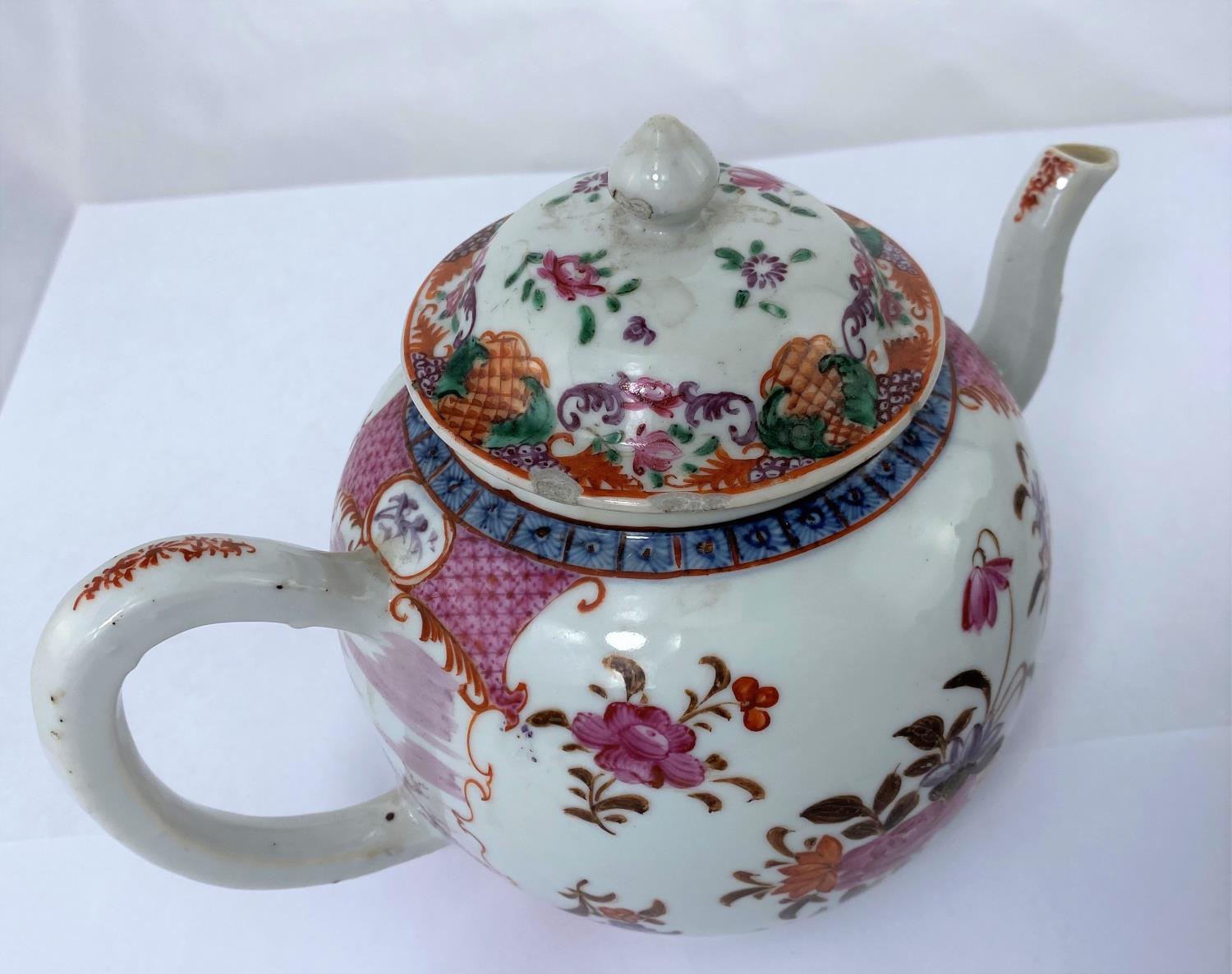 Two Chinese famille rose tea pots with floral decoration, both 21cm length, one handle pinned and - Image 2 of 10