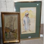A pen and watercolour sketch of an Arab boy, signed Leila '72 framed and a gilt framed Victorian oil