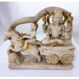 A 19th century Indian carved alabaster group , a deity pulled on chariot with gilt highlighting,