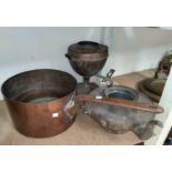 A large 19th century copper pan, kettle (a.f) and tea urn (no lid)