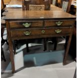 A Georgian country made occasional table in crossbanded oak, 2 frieze drawers with brass swan neck