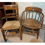 A 1930's tub shaped office armchair with spindle back; 2 19th century dining chairs