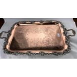 A heavy Sheffield plate copper tray with fruiting vine border, 70cm