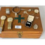 Three vintage gent's watches and a selection of silver jewellery including locket, thimble etc