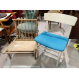 A 1960's lightwood patio chair with low seat; 2 1960's dining chairs, white finish, labelled '