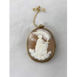 A Victorian oval shell cameo in yellow metal surround with rope twist border, depicting a woman