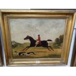 19th century huntsman at a gallop with 2 hounds oil on canvas, unsigned 46 x 56cm framed