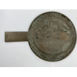 A Japanese bronze hand mirror decorated with turtle and Kanji characters, length 34cm