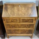 A Heal & son 1930's walnut bureau with fall font, 2 long and 2 short drawers, width 76 cm