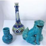 A Chinese turquoise ceramic figure of a Dog Of Fo and 2 Oriental vases, 20cm, 31cm and 14cm
