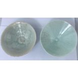 Two Chinese pale duck egg colour glaze bowls, one with extensive crazing to glaze, concentric