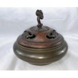 A Chinese bronze censer with white metal decoration of dragons, 6 character mark to base and a