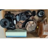 A box of photographic items including Minilta E Rokker 1:4.5, f=50mm lens; 1244104; pair of