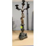 An Ormolu "French Empire" 3 branch candelabra with female figure column & trefoil scrolled feet