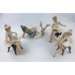 Three Lladro figures of girl ballerinas sitting on chairs; a Nao figure, girl reclining with a ball