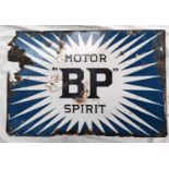 An enamel double sided BP Spirit garage advertising sign (rusted, some missing areas)