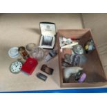 A Bilston enamel box, a pocket watch, a Ronson lighter, lorgnettes & collectables & coins