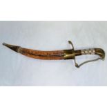 A vintage Sikh dagger with mother of pearl inlaid hilt, curved blade with relief decoration &