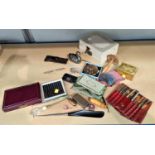 A selection of sewing collectables, a jewellery box & contents, 2 compacts