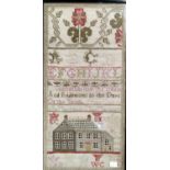 An early 19th century needlework sampler with text "Remember now the Creators of the Youth" house,