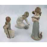 Three Lladro figures, kneeling girl with slippers, girl with kittens & boy with staff