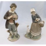 Two Lladro figures - 19th century boy with flowers height 27cm, girl with duckling height 24cm