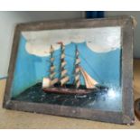 A miniature model 3 masted ship in glass case, Length 9cm & a similar under glass dome