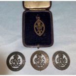 Three WWI silver war badges 110038 (no pin), B7255, B114889, a QV Jubilee Institute for Nurses badge