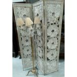 A cut glass/gilt metal chandelier standard lamp of 4 branches; a 3 fold metal screen in lace and