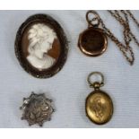 A sell cameo brooch with female bust in marcasite frame; 2 lockets and a silver brooch