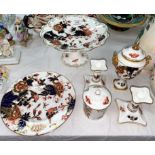 A collection of Coalport "Hong Kong" china: comport; plate; covered vase; preserve pot; a pair of