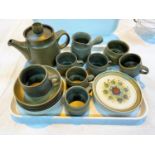 A 1950's Denby green stoneware part tea set, 14 pieces (teapot lid a.f.); 6 Denby "Sherwood" side