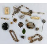 A selection of Victorian and later costume jewellery: brooches; hair slides; 2 thimbles; etc.