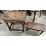 An oak rectangular stool; an oak footstool; a carpet beater; 4 walking sticks; etc.