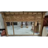 A 19th century triple overmantel mirror in gilt ball frame with classical frieze and reeded side