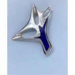 Georg Jensen modernist abstract design pierced brooch with inset blue enamel. Stamped: Georg