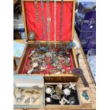 A brass inlaid walnut box and a quantity of costume jewellery