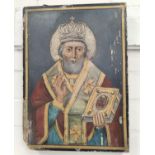 A mediaeval style Greek / Russian Orthadox painted wood icon of St Nicholas mounted with white metal