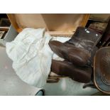 A pair of WW11 flying boots; a small suitcase, christening dress and linen