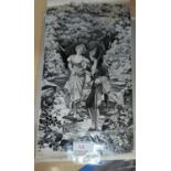 An Edwardian "Hamza" monochrome silk panel: 18th century courting couple crossing a river